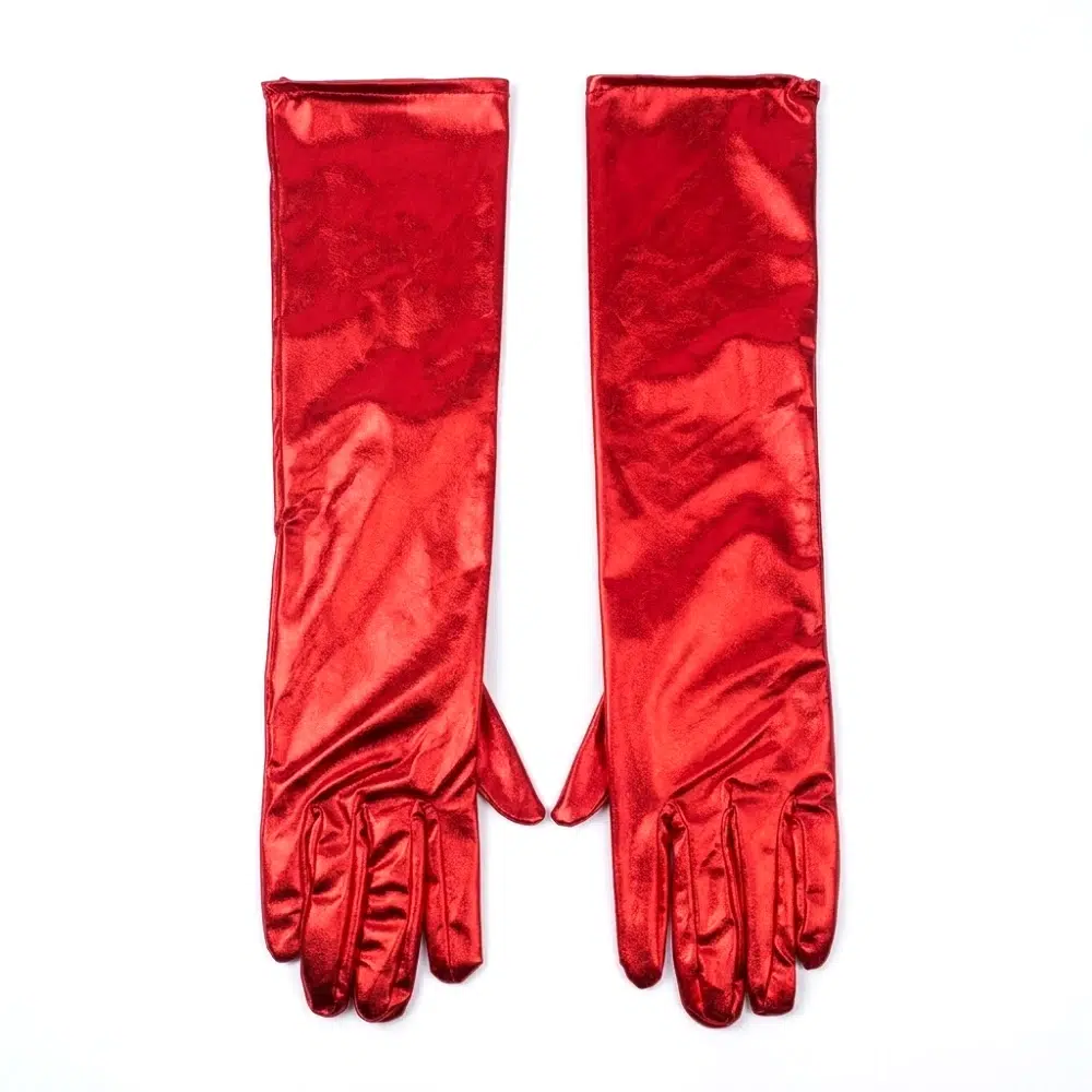 Guantes largos metalizados rojos 43cm para disfraz sobre fondo blanco