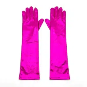 Guantes largos metalizados rosa fucsia 38cm para disfraz sobre fondo blanco