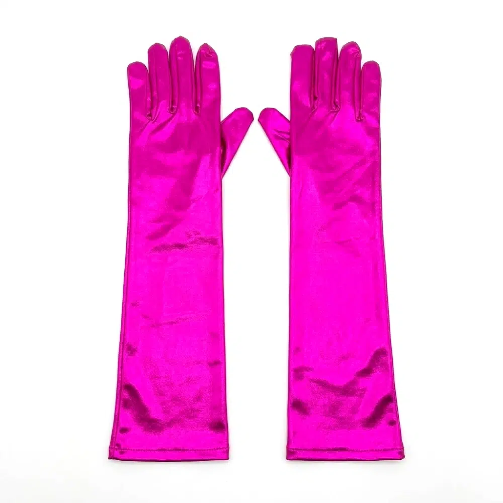 Guantes largos metalizados rosa fucsia 38cm para disfraz sobre fondo blanco