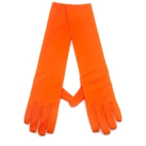 Guantes largos naranja neón satinados de 45 cm sobre fondo blanco