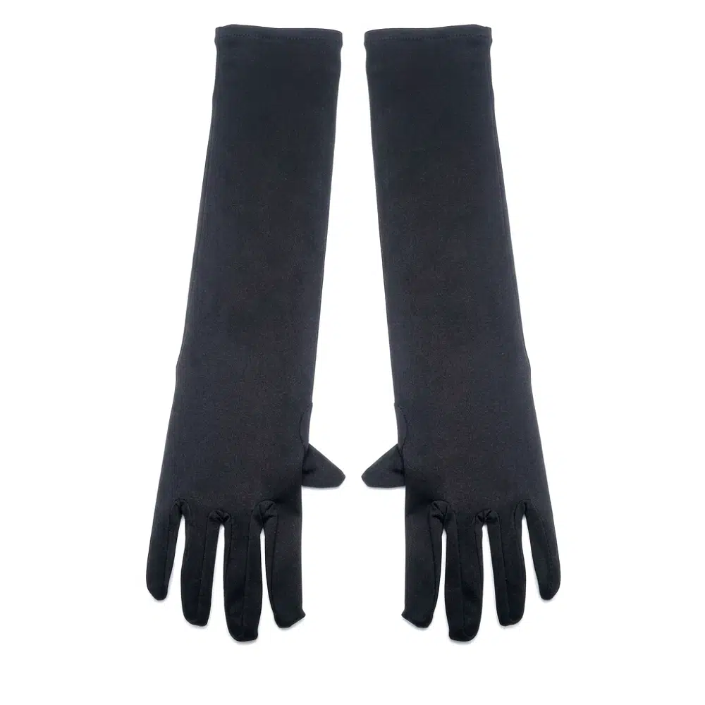 Guantes largos negros 40cm para disfraz sobre fondo blanco