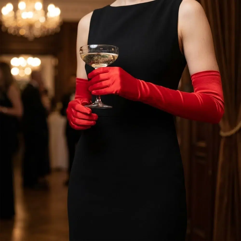 Mujer con guantes largos rojos 40cm y vestido negro con copa en una fiesta elegante