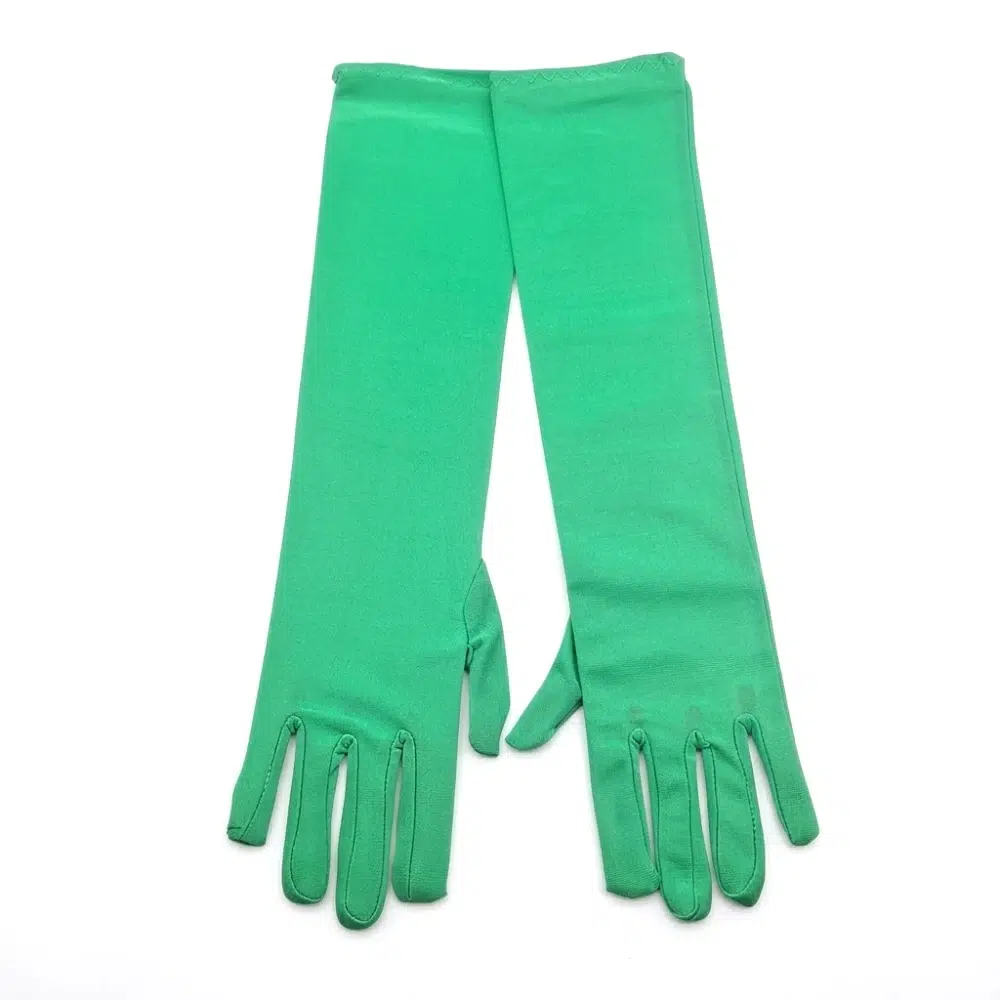 Guantes largos verdes satinados de 40 cm sobre fondo blanco