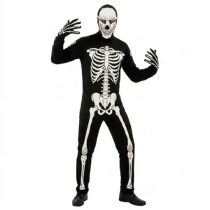 Hombre posando con disfraz de esqueleto clásico completo con mono, verdugo de calavera y guantes de Disfraces Lucero.