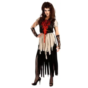 Mujer posando con disfraz de Mesonera Poseída medieval gótico con vestido largo con jirones vaporosos y guantes de encaje de Disfraces Lucero.