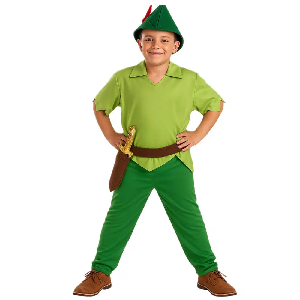 Niño vestido con el disfraz de Peter Pan verde, con gorro acabado en punta y cinturón marrón.