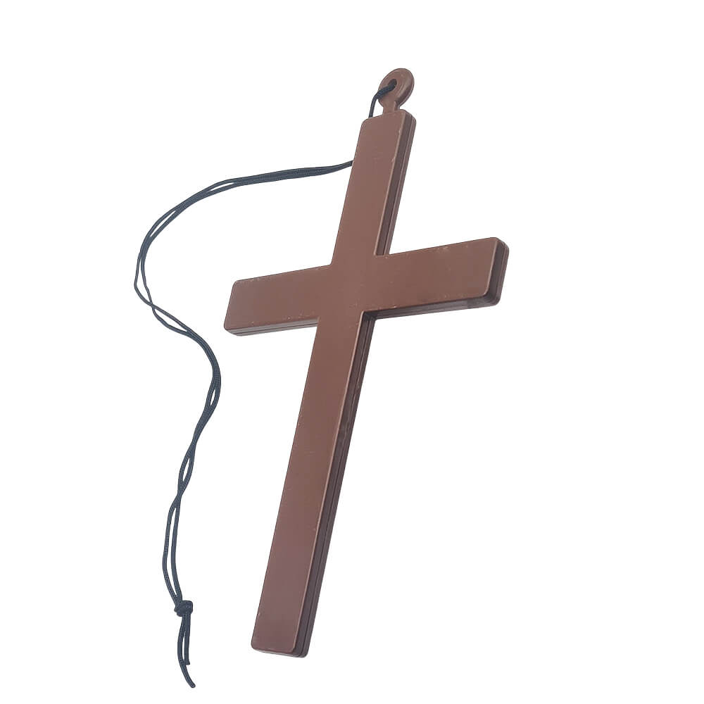 Cruz de plástico marrón de 23x13 cm con cordón, accesorio para disfraces religiosos y Halloween