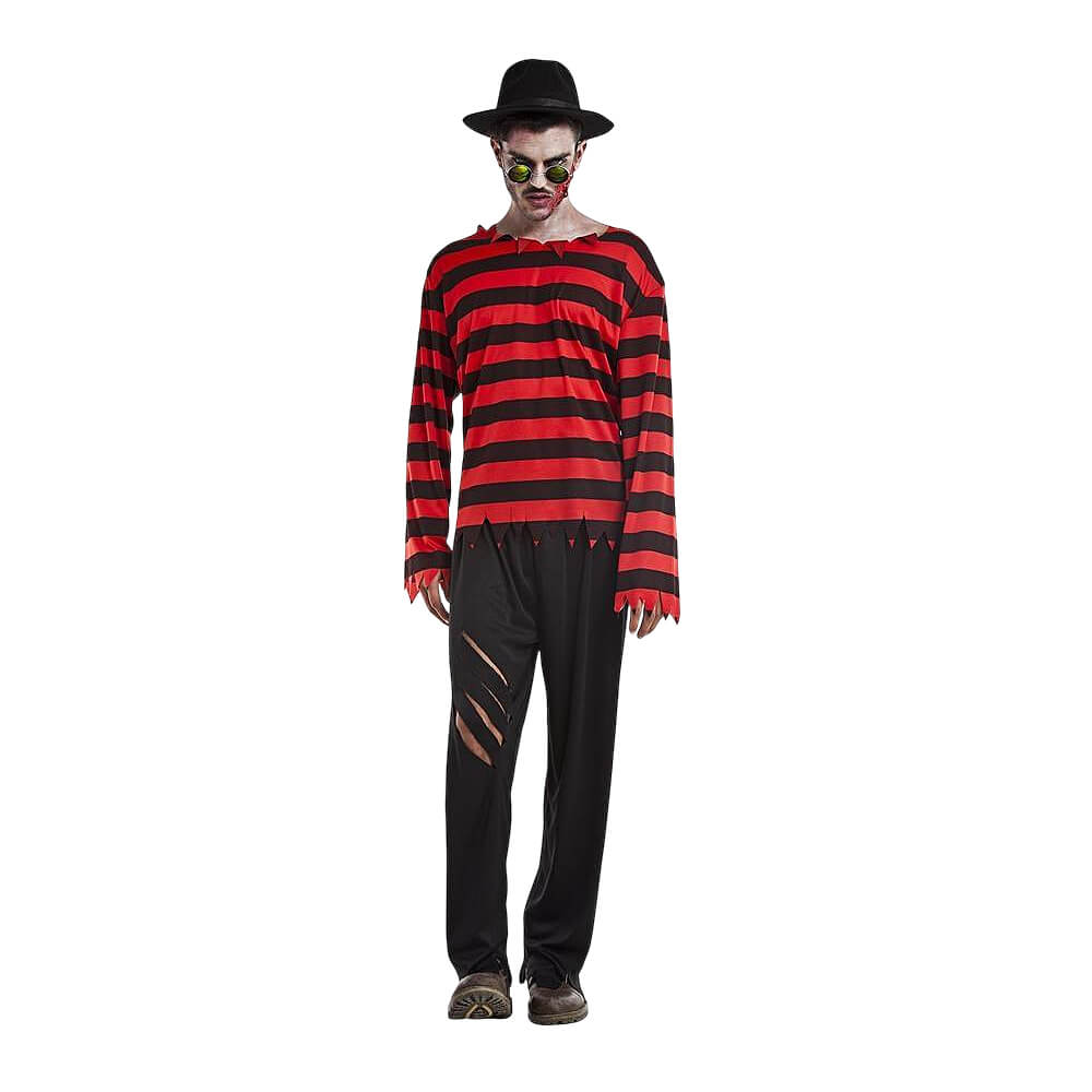 Disfraz de Freddy Krueger adulto con camisa a rayas y pantalones, ideal para Halloween o fiestas de terror