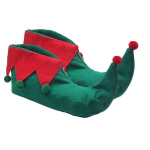 Zapatos de elfo infantil verdes con detalles rojos, talla única de 25×13 cm