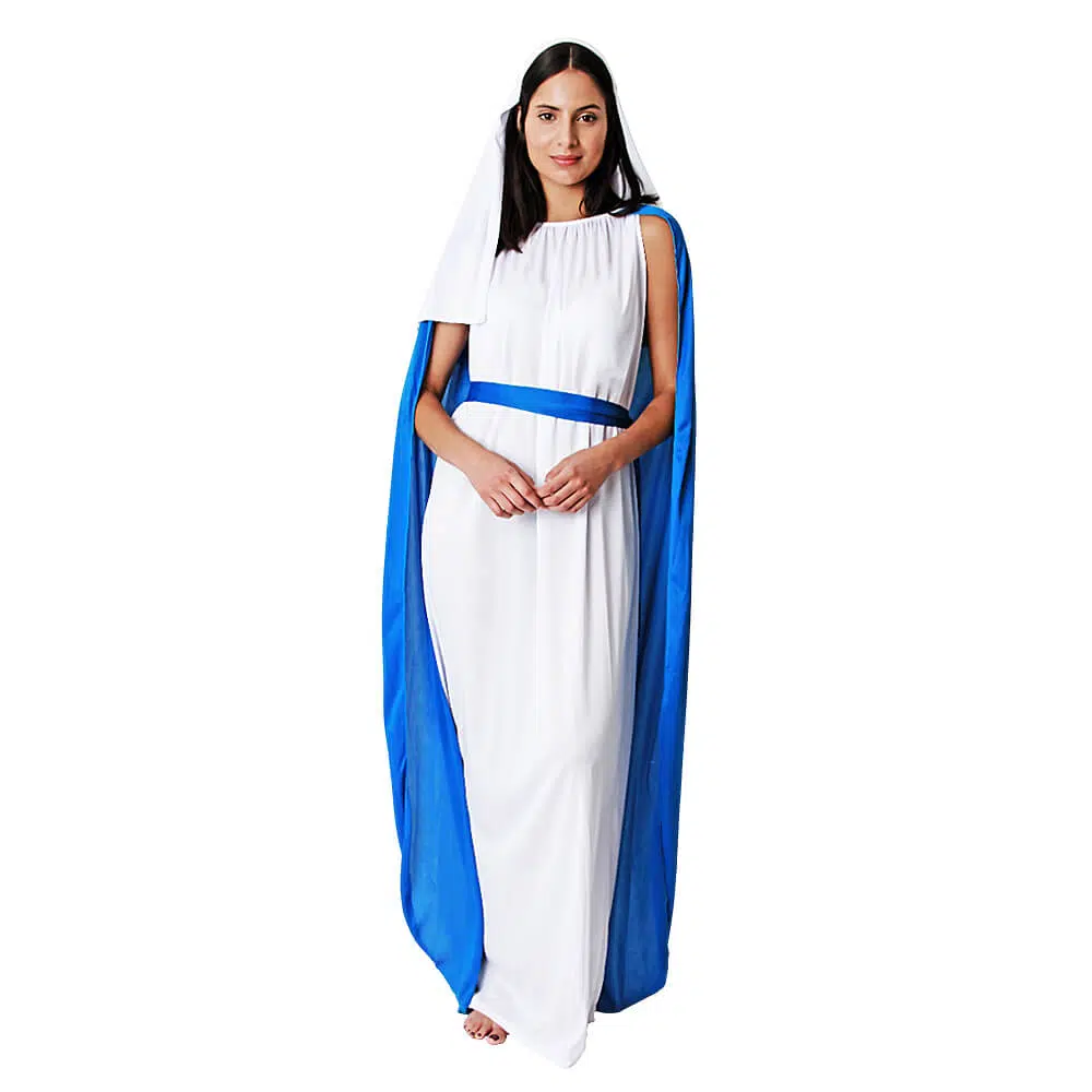 Disfraz de Virgen María adulto con túnica blanca, capa azul, tocado y cinturón
