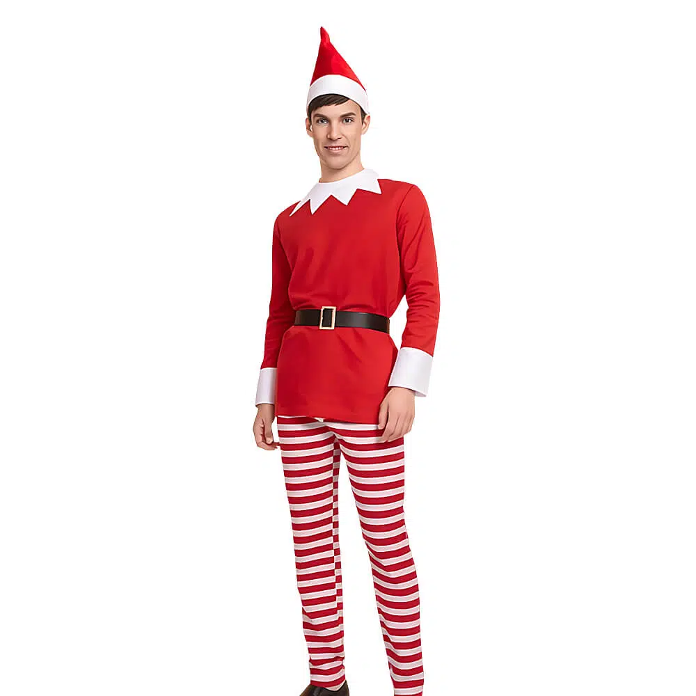 Disfraz de elfo travieso adulto con camiseta, pantalón, cinturón y gorro navideño