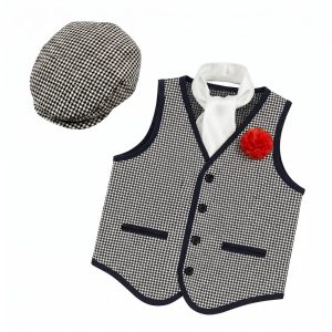 Set de accesorios de chulapo para hombre con chaleco de cuadros, gorra, pañuelo y clavel rojo de Disfraces Lucero.