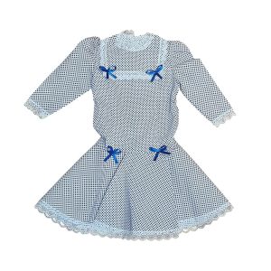Vestido de chulapa para bebé en color azul con lunares pequeños, lazos azules de raso y detalles de encaje blanco, de la tienda Disfraces Lucero Madrid.