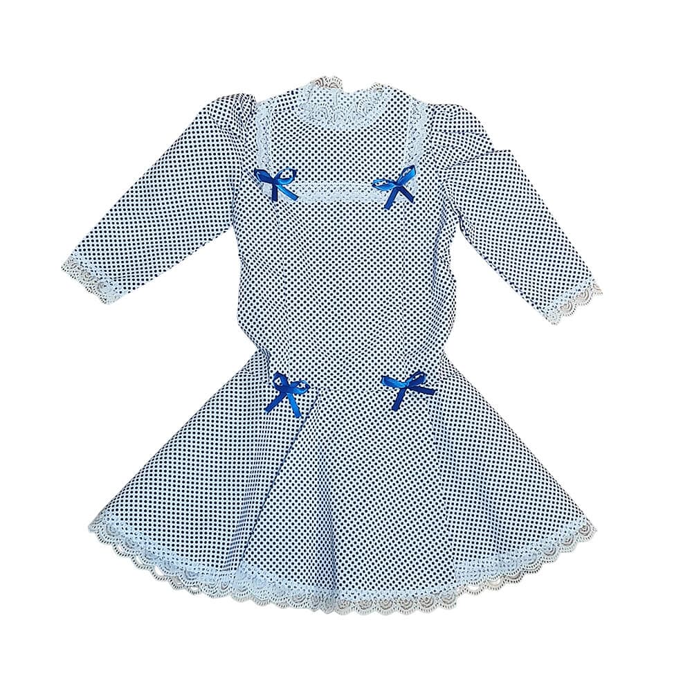 Vestido de chulapa para bebé en color azul con lunares pequeños, lazos azules de raso y detalles de encaje blanco, de la tienda Disfraces Lucero Madrid.