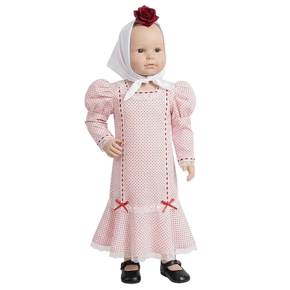 Disfraz de chulapa para bebé niña en color rosa con lunares, incluye pañuelo blanco, disponible en Disfraces Lucero Madrid.