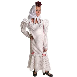 Niña vestida con traje de chulapa madrileña blanco con lunares rojos, lazos decorativos y pañuelo blanco, disponible en Disfraces Lucero Madrid.