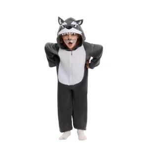 Niño con disfraz de lobo gris de cuerpo entero, mono con barriga blanca y capucha con cara de lobo y dientes, de la tienda Disfraces Lucero.