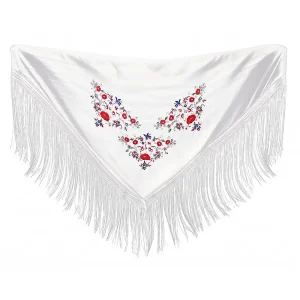 Mantón tradicional con bordados florales y flecos de 150x60 cm, disponible en la tienda Disfraces Lucero.
