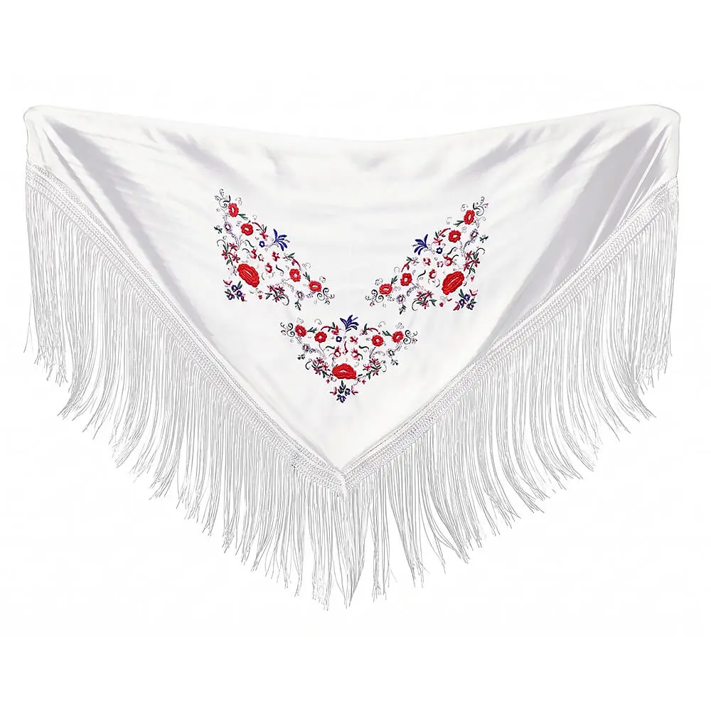 Mantón tradicional con bordados florales y flecos de 150x60 cm, disponible en la tienda Disfraces Lucero.