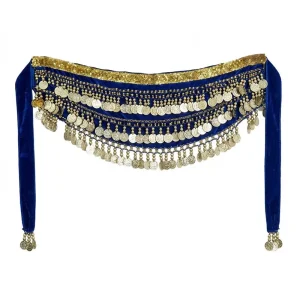 Cinturón de tela azul para danza del vientre decorado con lentejuelas y múltiples hileras de monedas doradas colgantes de la tienda Disfraces Lucero.