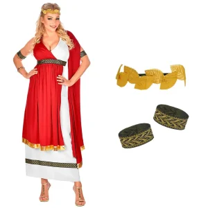 Mujer posando de frente con el elegante vestido blanco y rojo del disfraz de emperatriz romana con su corona de laurel y brazaletes de la tienda Disfraces Lucero.