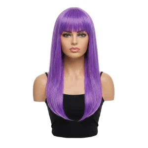 Peluca de melena larga y lisa de color lila con flequillo recto colocada sobre un maniquí de mujer, de la tienda Disfraces Lucero.