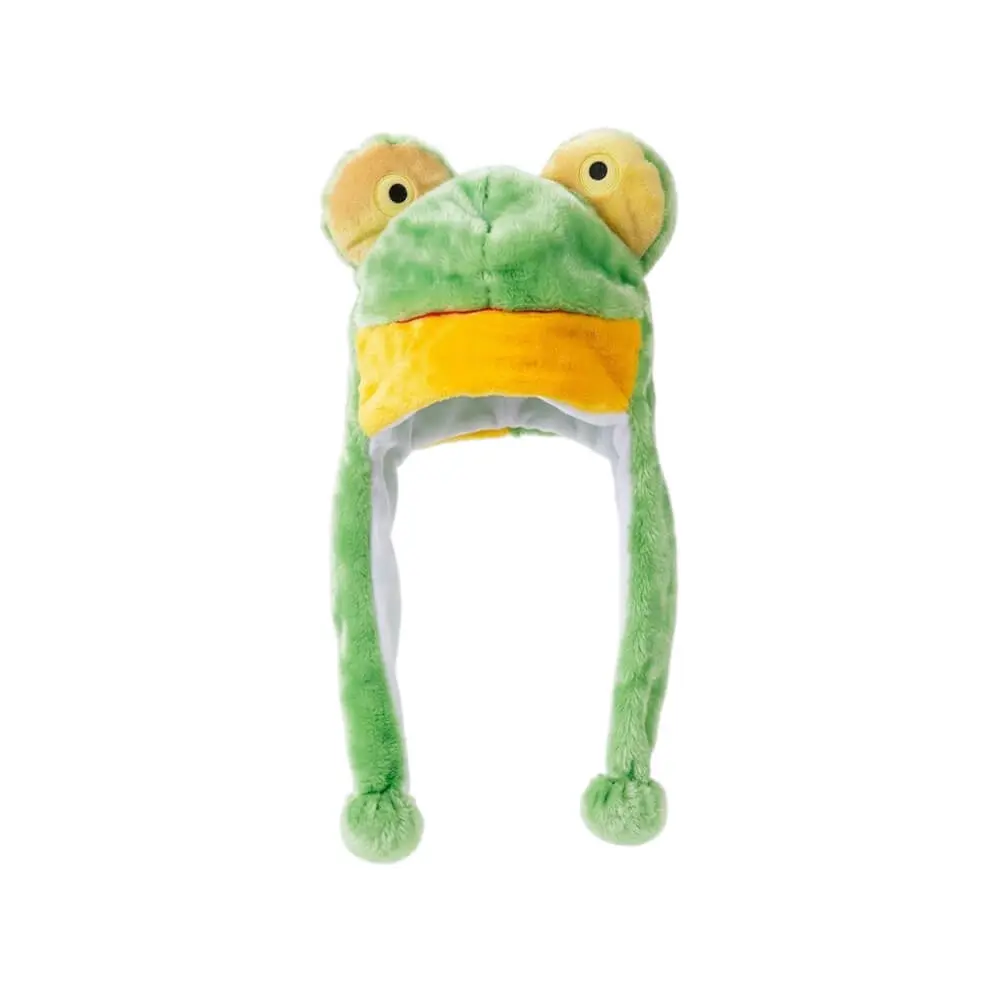 Gorro de peluche con forma de rana verde con ojos 3D, borde amarillo y orejeras con pompones de Disfraces Lucero.