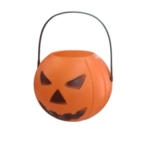 Cubo de plástico con forma de calabaza de Halloween naranja con asa negra para pedir caramelos de Disfraces Lucero.