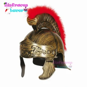 Casco romano de color dorado o plata con cresta roja de pelo sintético desmontable.