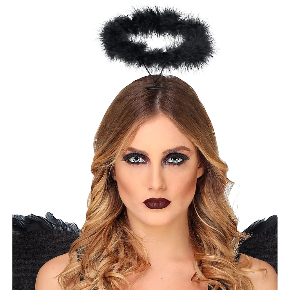Mujer con diadema aureola ángel negro de plumas, accesorio disfraz ángel oscuro