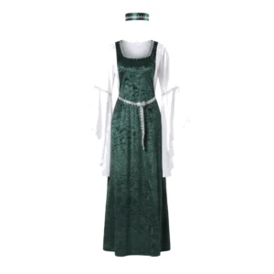 Disfraz de Dama Medieval Verde Adulto – Vestido de Gala de Época con Tocado de Terciopelo (2 Piezas)
