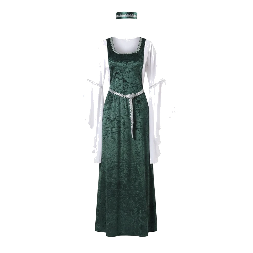 Disfraz de Dama Medieval Verde Adulto – Vestido de Gala de Época con Tocado de Terciopelo (2 Piezas)