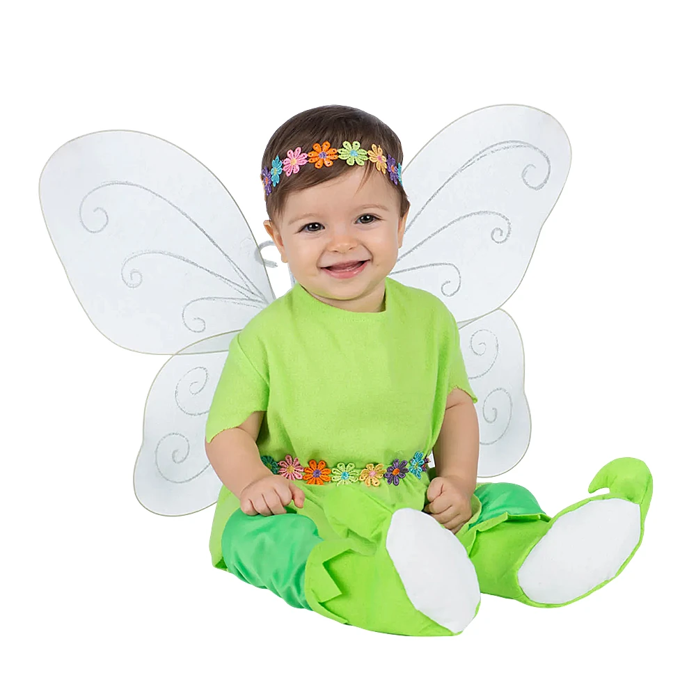 Disfraz de Campanilla para bebé con alas, vestido verde y diadema, ideal para fiestas de carnaval o sesiones fotográficas