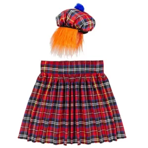 Conjunto de disfraz de escocés para adulto compuesto por falda kilt plisada de cuadros rojos y sombrero de tartán con pompón azul y melena de pelo naranja, de Disfraces Lucero.