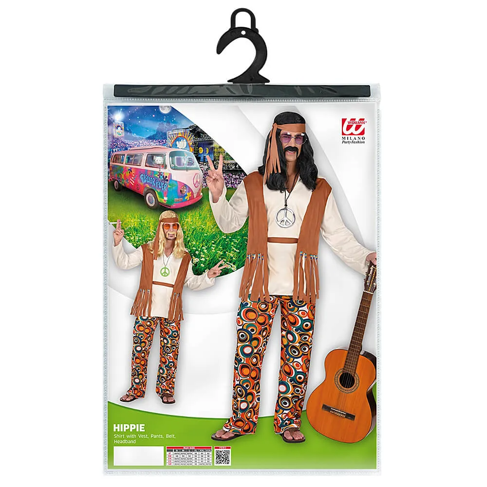 Disfraz de Hippie Adulto – Traje de los Años 60 y 70 con Camisa, Chaleco de Flecos y Pantalón Psicodélico (4 Piezas)