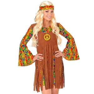 Disfraz de Hippie Mujer Adulto – Vestido de Flores con Chaleco de Flecos, Cinta para la Cabeza y Collar de la Paz (3 Piezas)