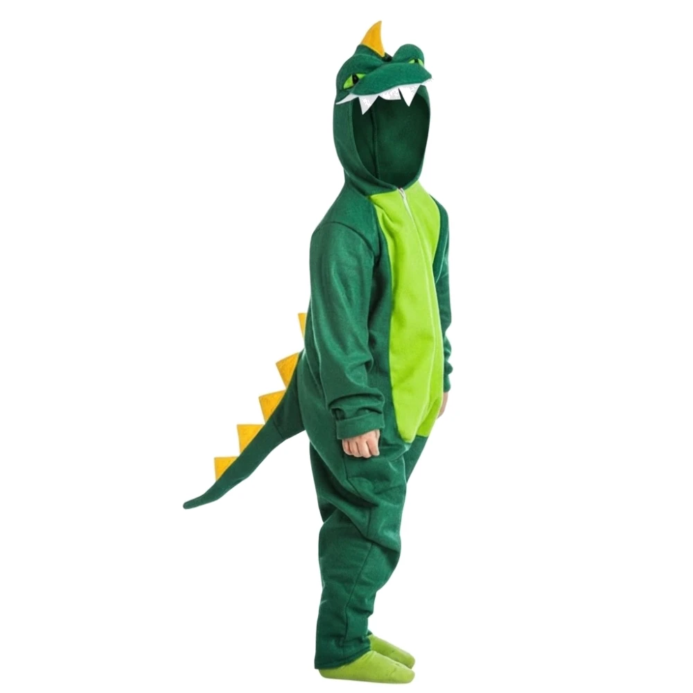 Disfraz de Dinosaurio Infantil – Mono de Dragón o Cocodrilo Verde con Capucha y Cola (Unisex)