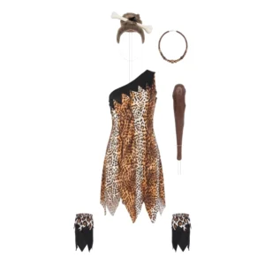Disfraz de Mujer Cavernícola Adulto – Traje de Troglodita Prehistórica (Vestido y Tobilleras)
