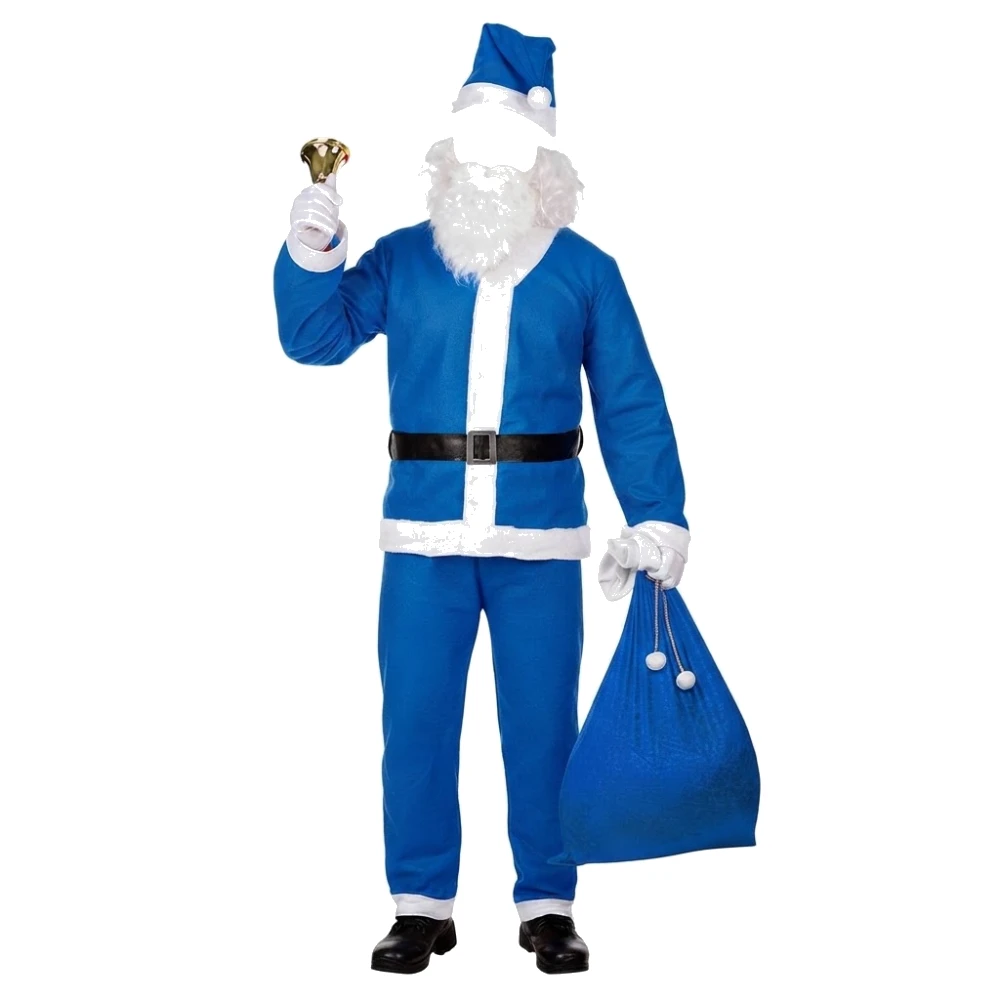 Disfraz de Papá Noel Azul Adulto – Chaqueta, Pantalón, Cinturón, Gorro y Barba