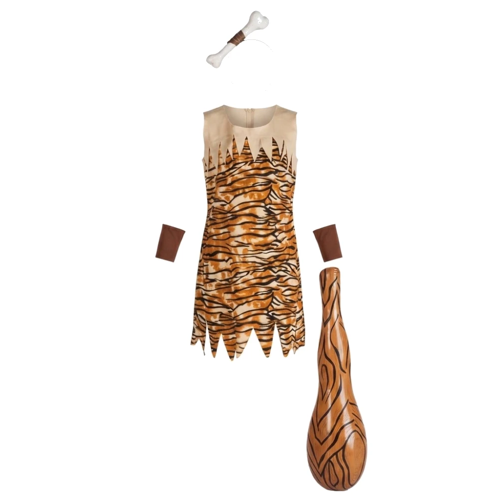 Disfraz de Troglodita Niña – Traje de Cavernícola Prehistórica con Estampado de Tigre (Vestido y Brazaletes)