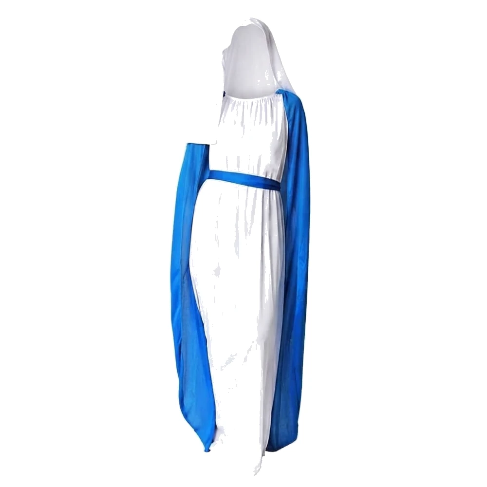 Disfraz de Virgen María Adulto – Túnica Blanca con Capa Azul, Tocado y Cinturón