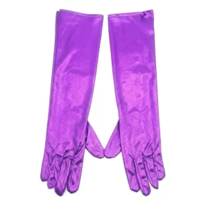 Guantes largos metalizados morado 38cm para disfraz sobre fondo blanco