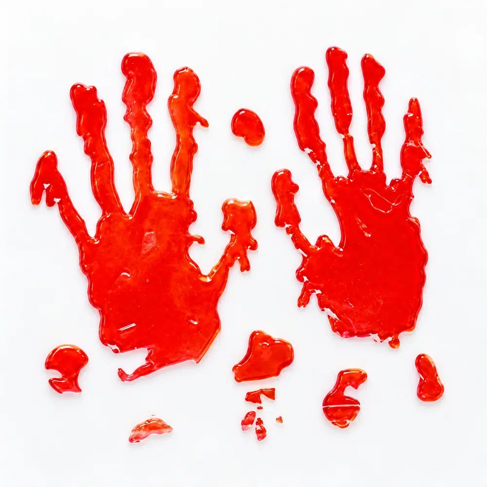 Detalle de las huellas de sangre manos adhesivas en gel rojo realista