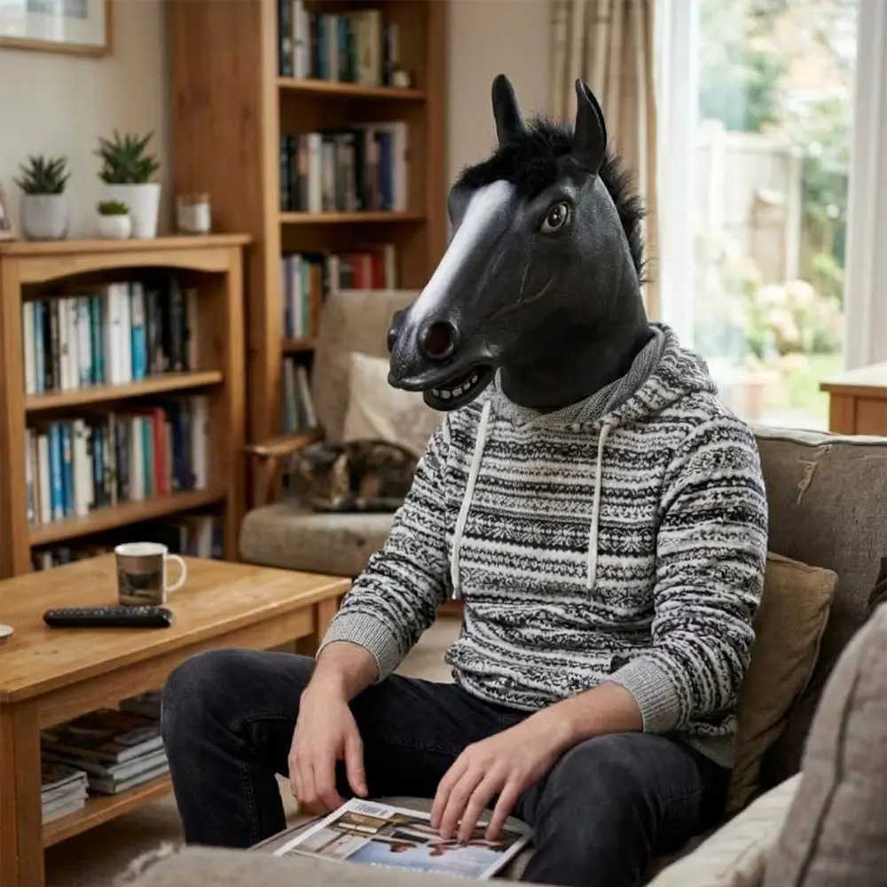 Máscara de Caballo Negro de Látex con Crin de Pelo para Adulto - Imagen 3
