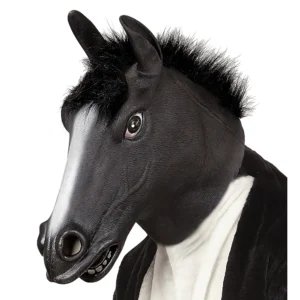 Máscara de látex de cabeza completa con forma de caballo negro y crin de pelo sintético para adulto de Disfraces Lucero.