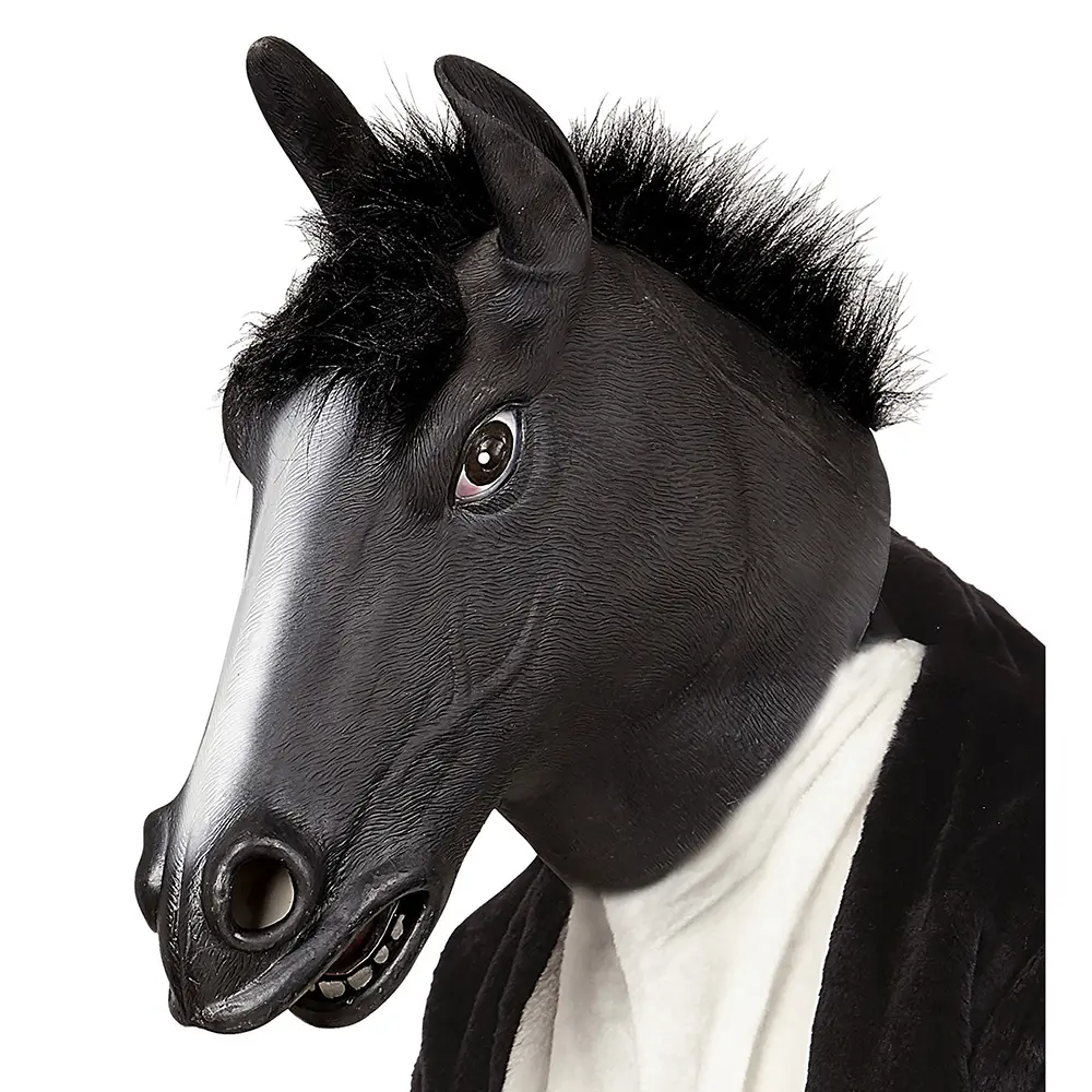 Máscara de látex de cabeza completa con forma de caballo negro y crin de pelo sintético para adulto de Disfraces Lucero.