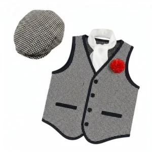 Set de accesorios de chulapo para hombre con chaleco de cuadros, gorra, pañuelo y clavel rojo de Disfraces Lucero.